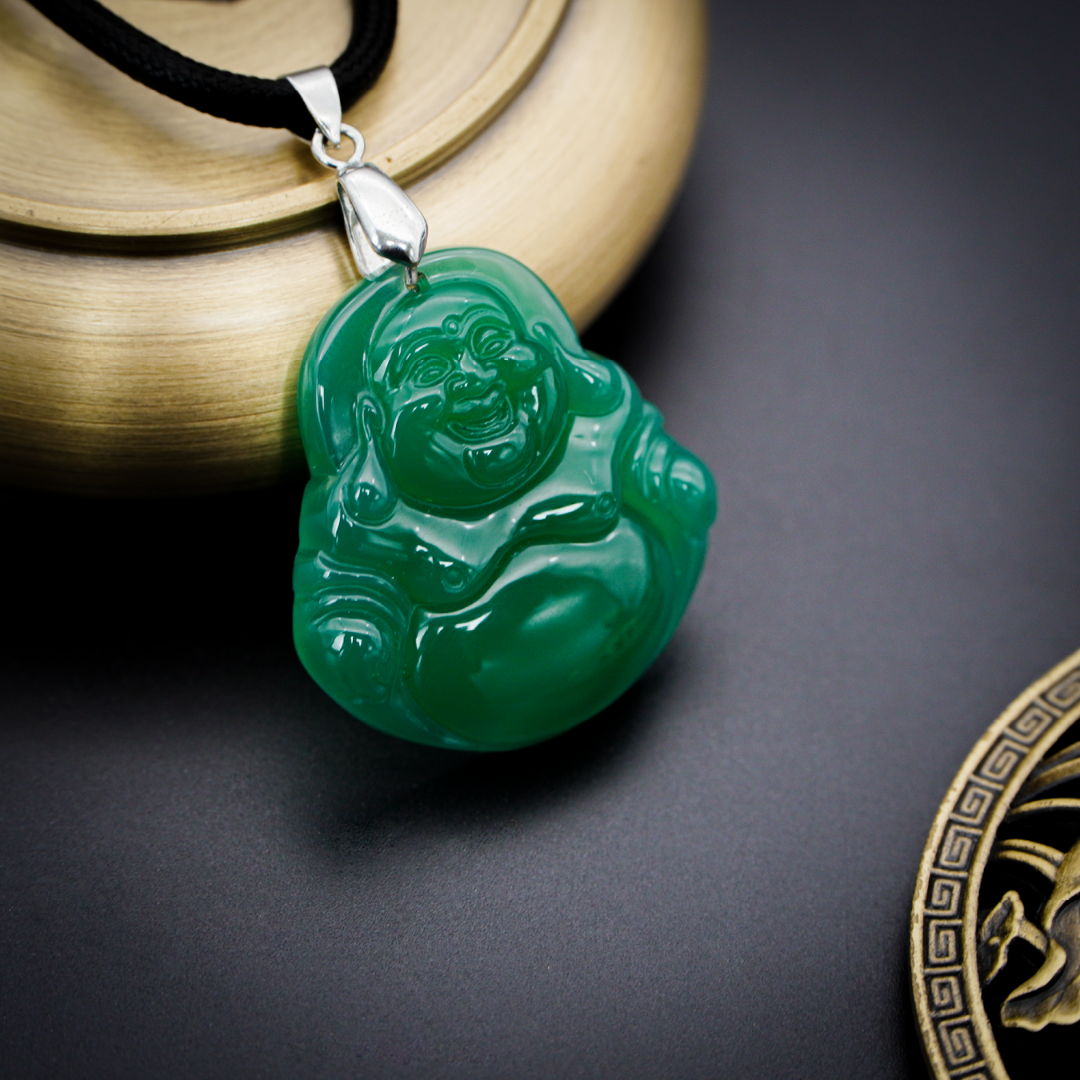Aura Havenly "Peace and Prosperity Energy" Green Laughing Buddha Necklace