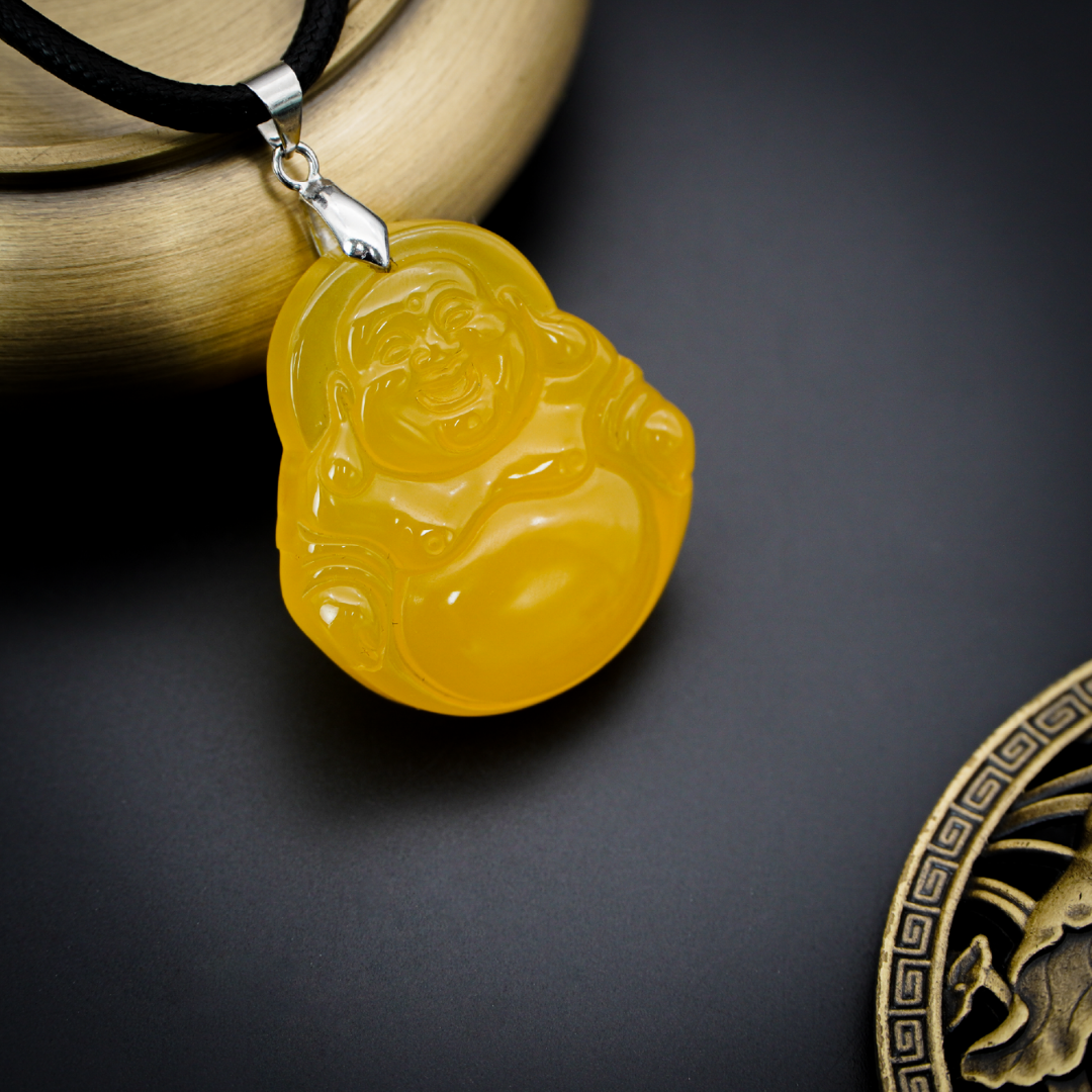 Aura Havenly "Wealth and Joy Energy" Yellow Laughing Buddha Necklace