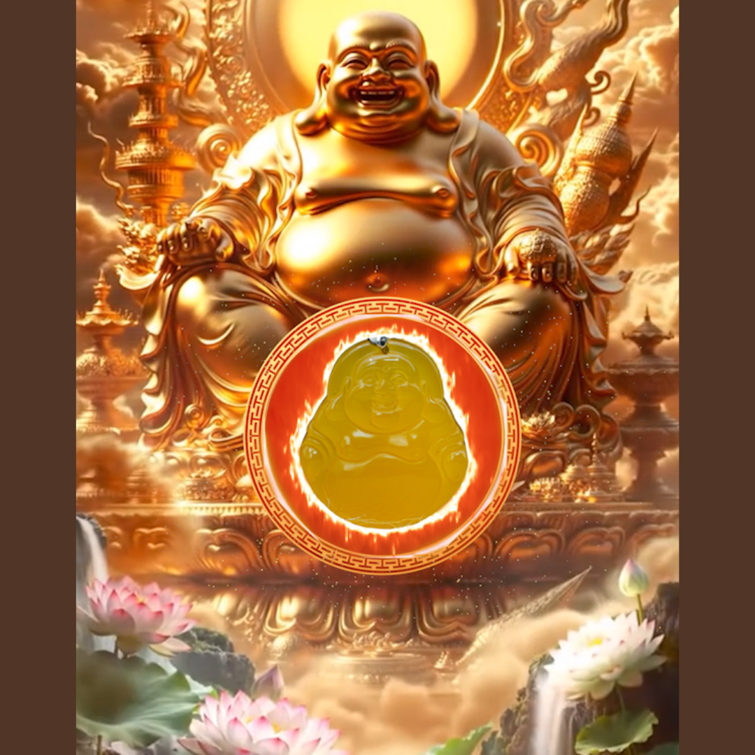 Aura Havenly "Wealth and Joy Energy" Yellow Laughing Buddha Necklace