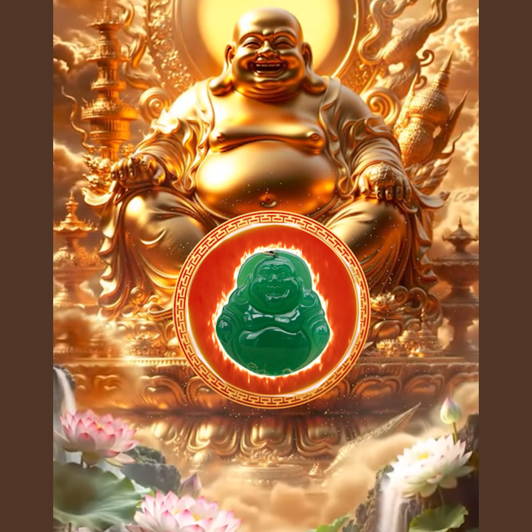 Aura Havenly "Peace and Prosperity Energy" Green Laughing Buddha Necklace