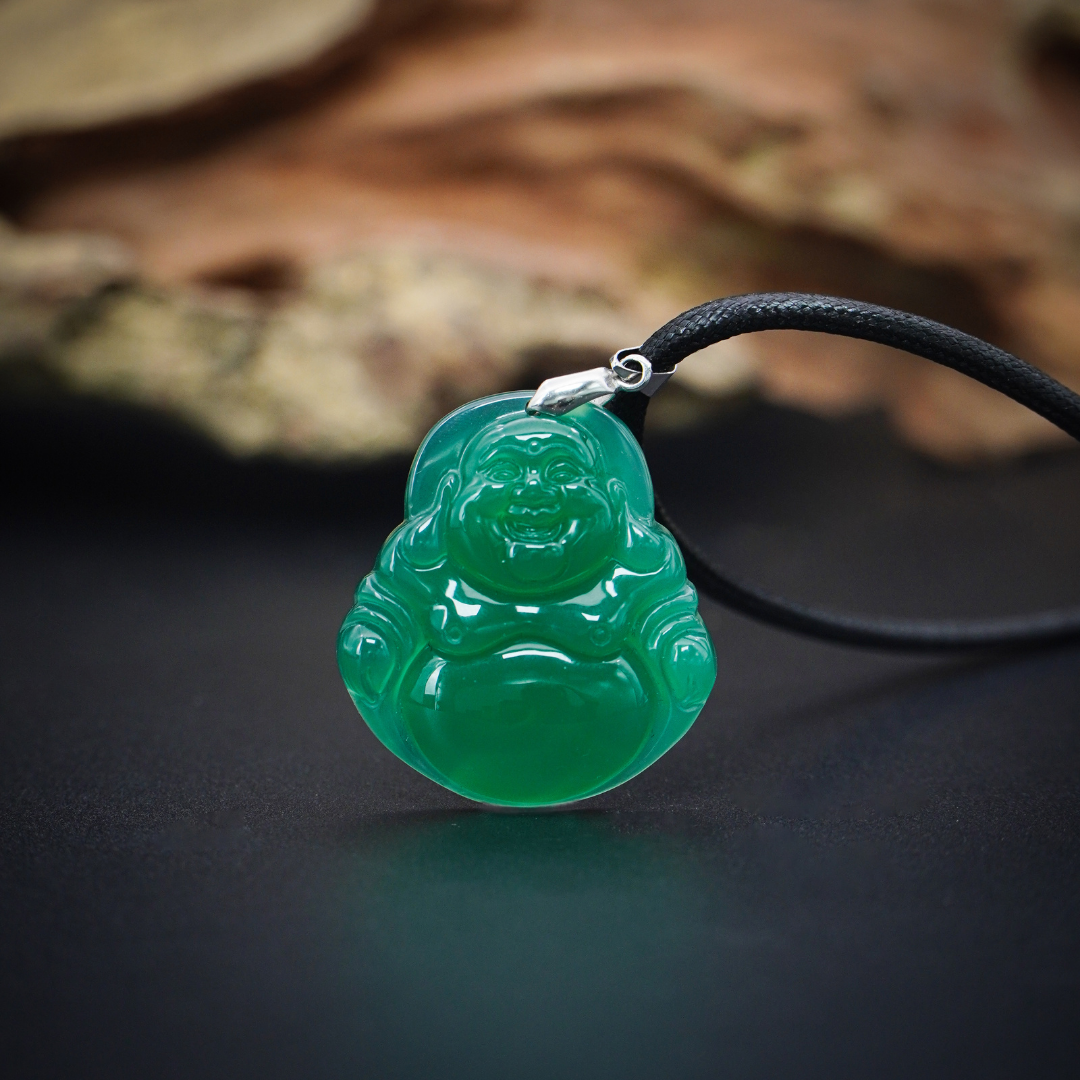Aura Havenly "Peace and Prosperity Energy" Green Laughing Buddha Necklace