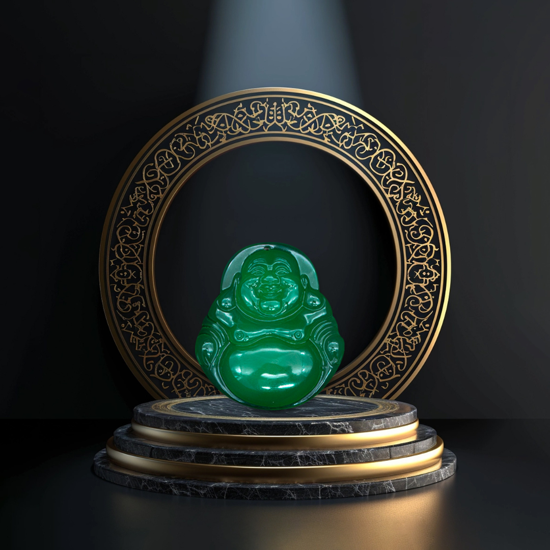 Aura Havenly "Peace and Prosperity Energy" Green Laughing Buddha Necklace
