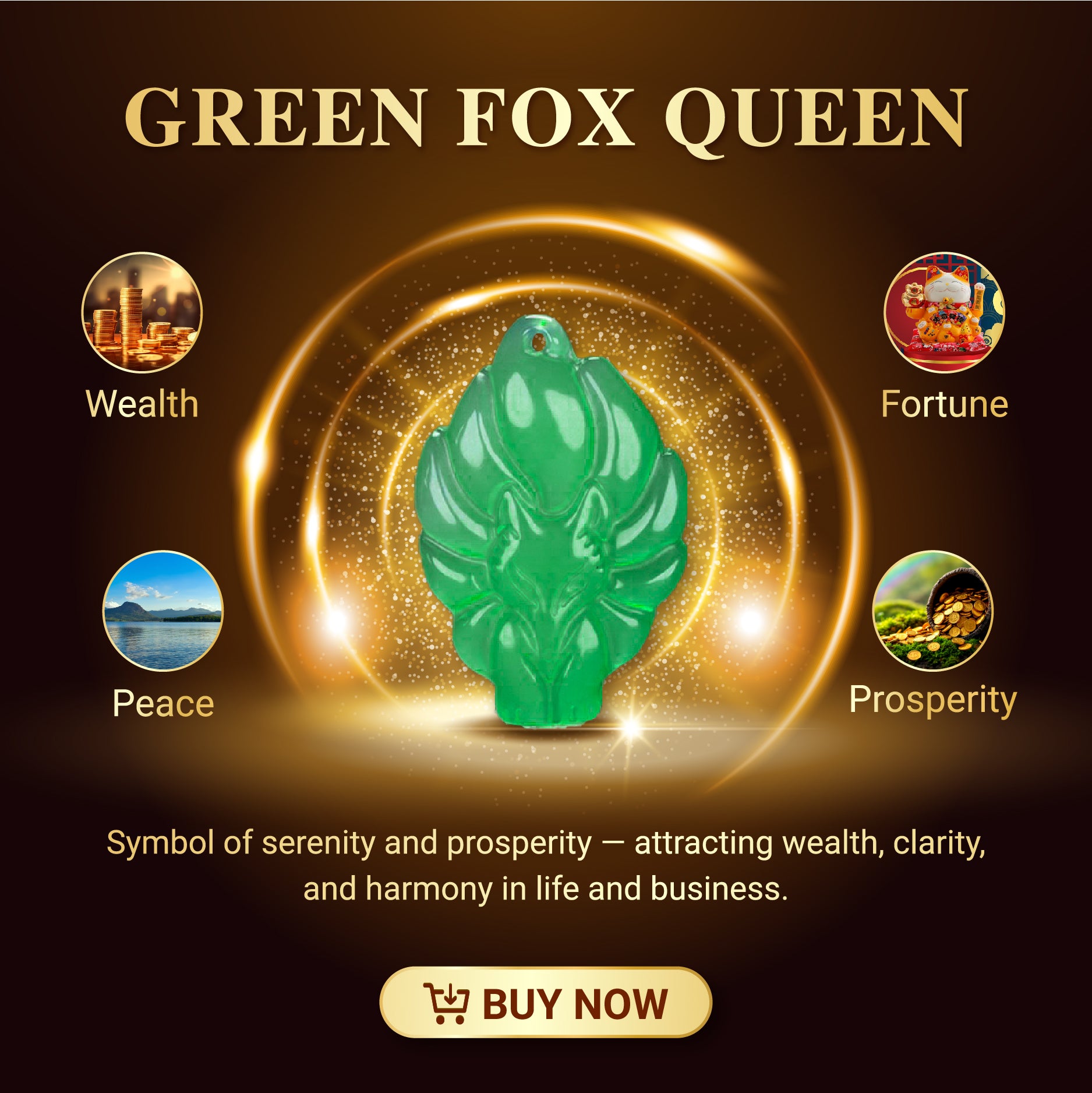 Aura Havenly "Harmony and Prosperity Energy" Green Fox Queen Necklace