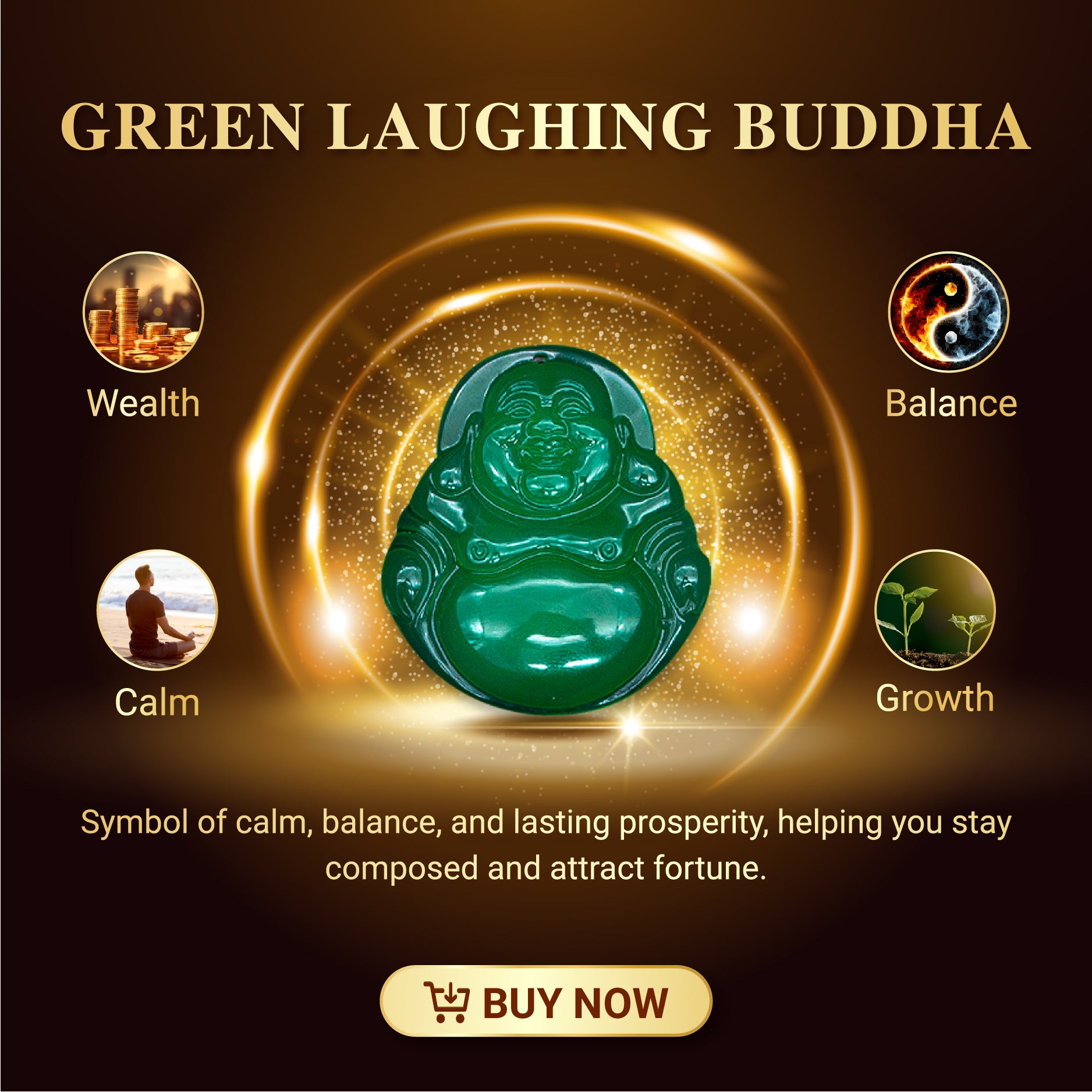 Aura Havenly "Peace and Prosperity Energy" Green Laughing Buddha Necklace