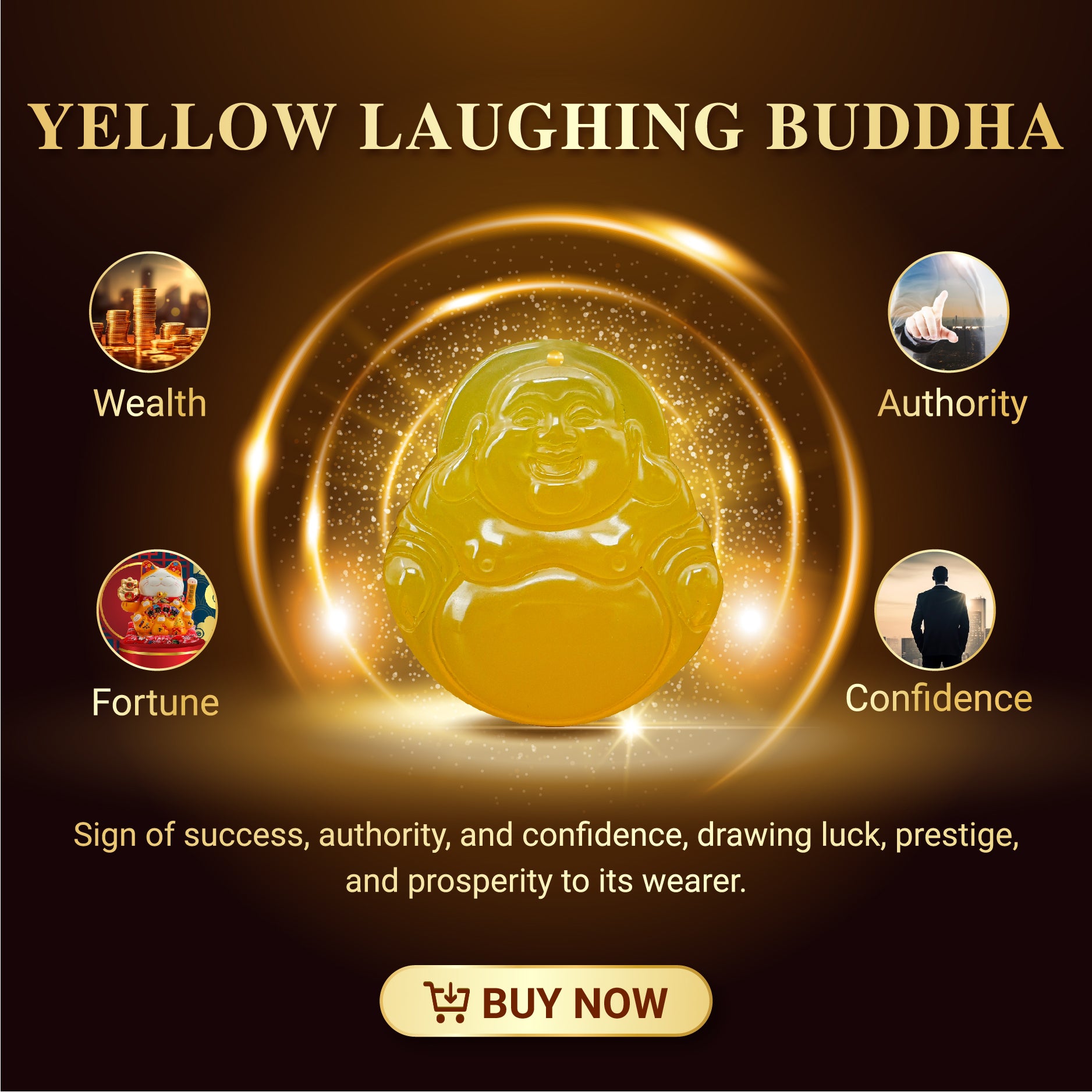 Aura Havenly "Wealth and Joy Energy" Yellow Laughing Buddha Necklace